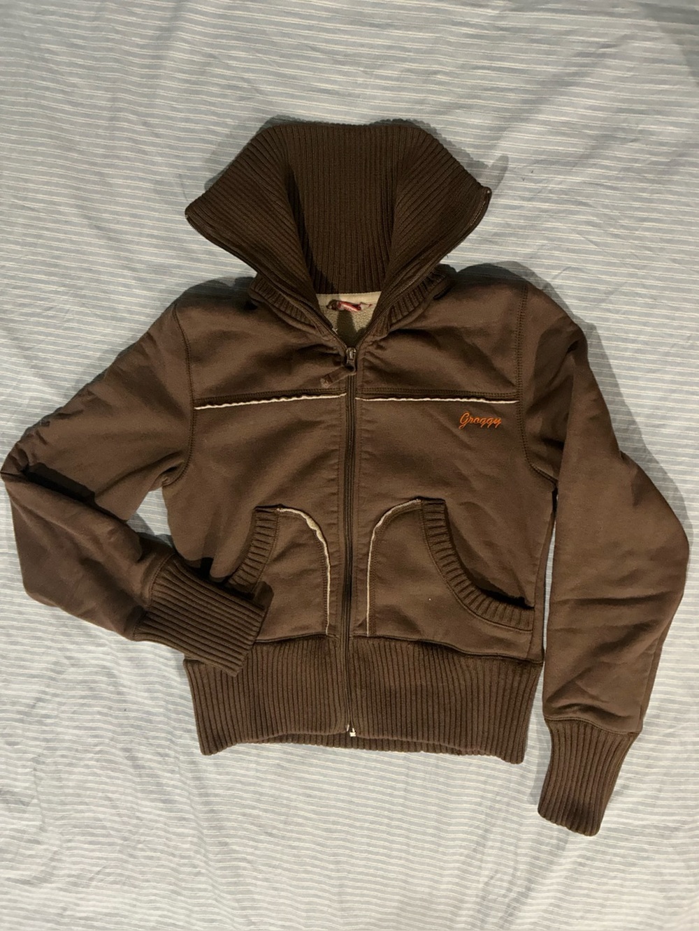 Brown Zip-Up Hoodie with High Ribbed Collar